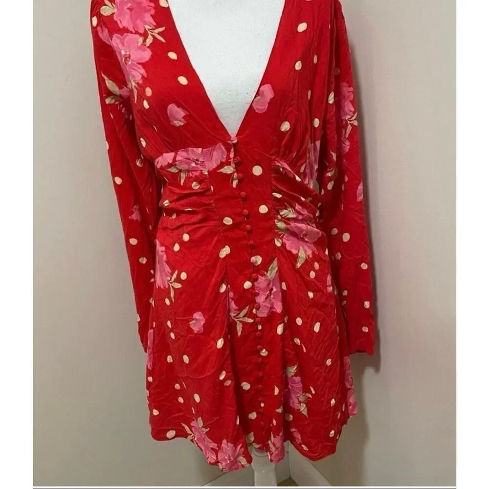 NET Free People Red Floral Button Down Ruched Side Dress Size: L Free People